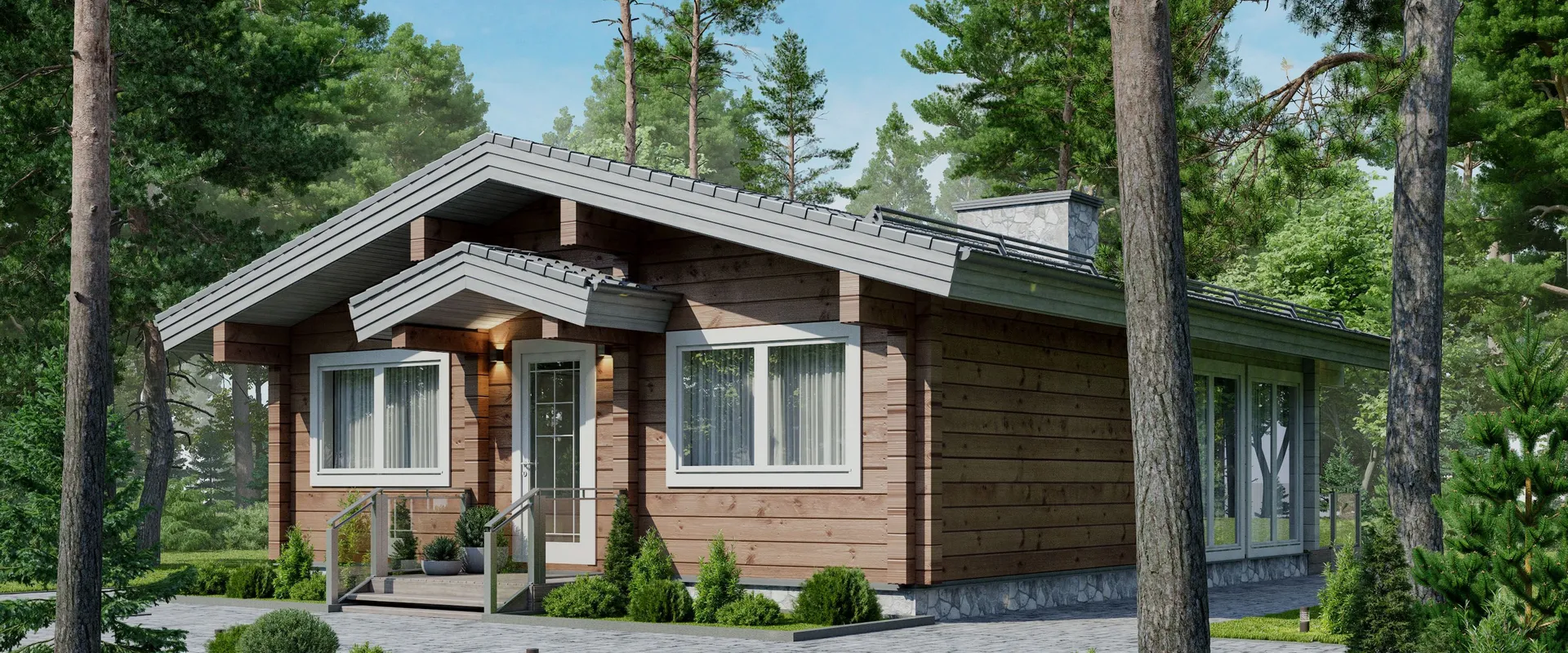 A charming wooden cabin with white trim and large windows, nestled among tall green trees.